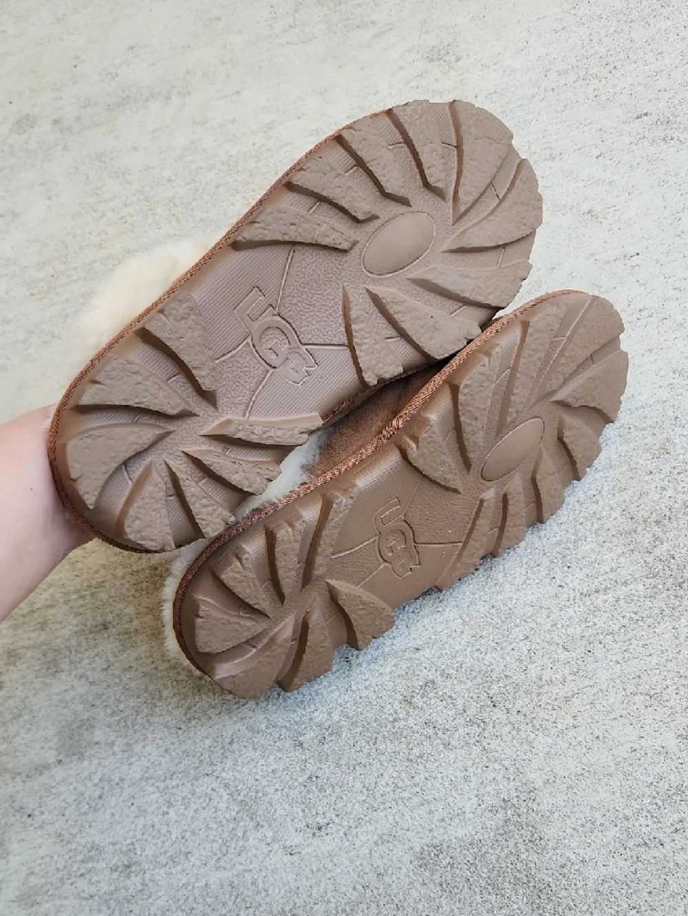 UGG Chestnut Suede Slip-On Mules with Cream Fur Trim,Size 6 - Picture 5 of 10